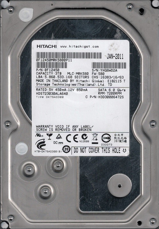 HDS723030ALA640 P/N: 0F12450 MLC: MRK580 Hitachi 3TB