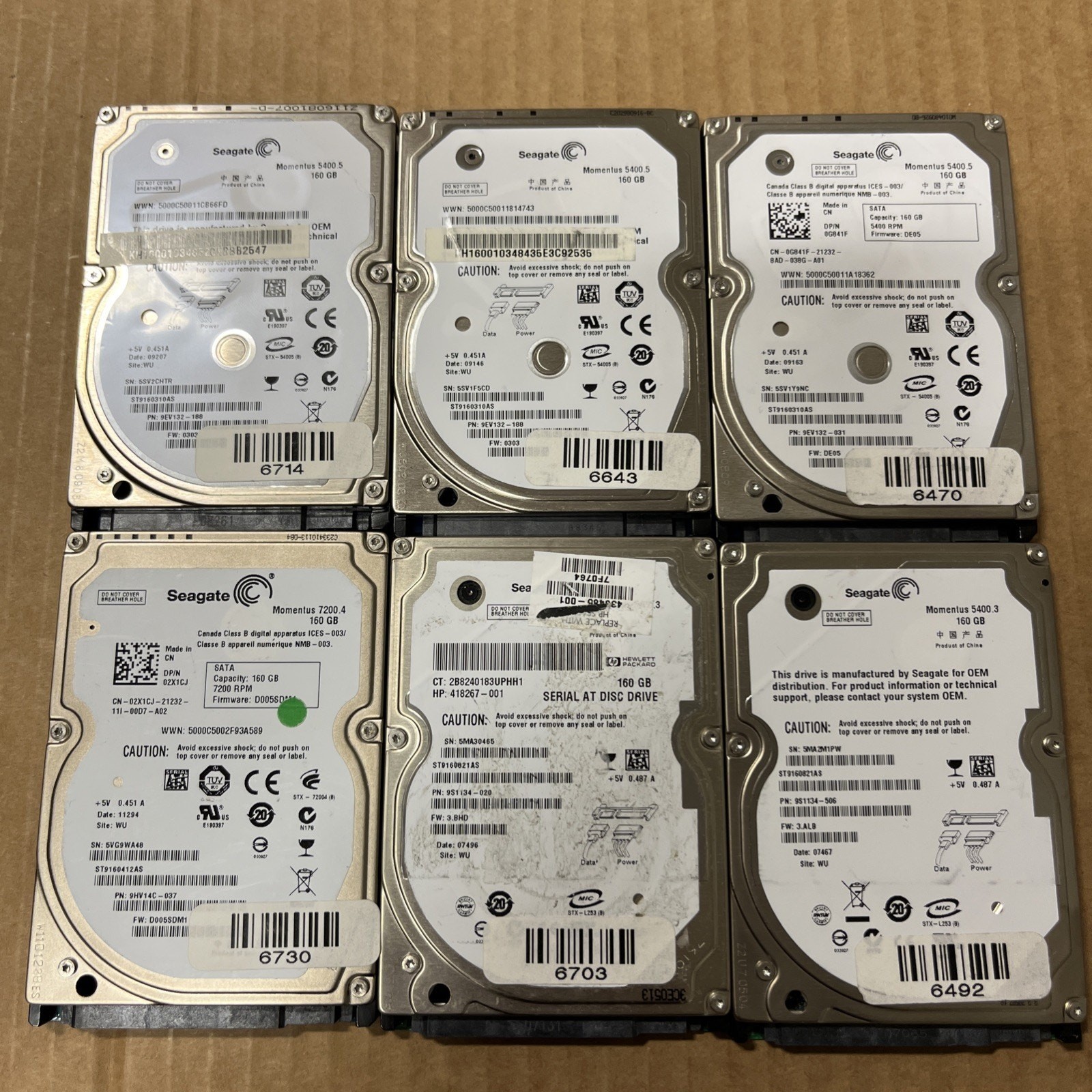 Lot of 6x 160GB Seagate SATA 2.5" MIX Notebook Laptop Hard Drives HDD