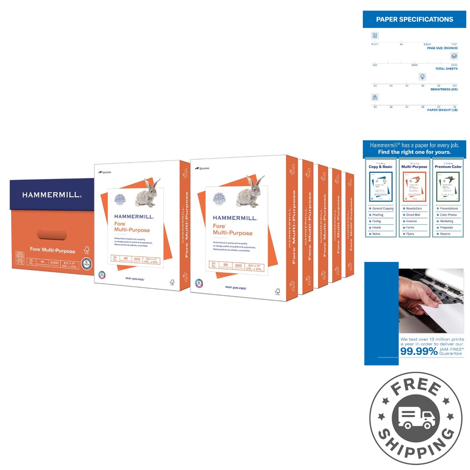 Sustainable 20 lb Copy Paper - 5000 Sheets, 96 Bright, Reliable for All Printers