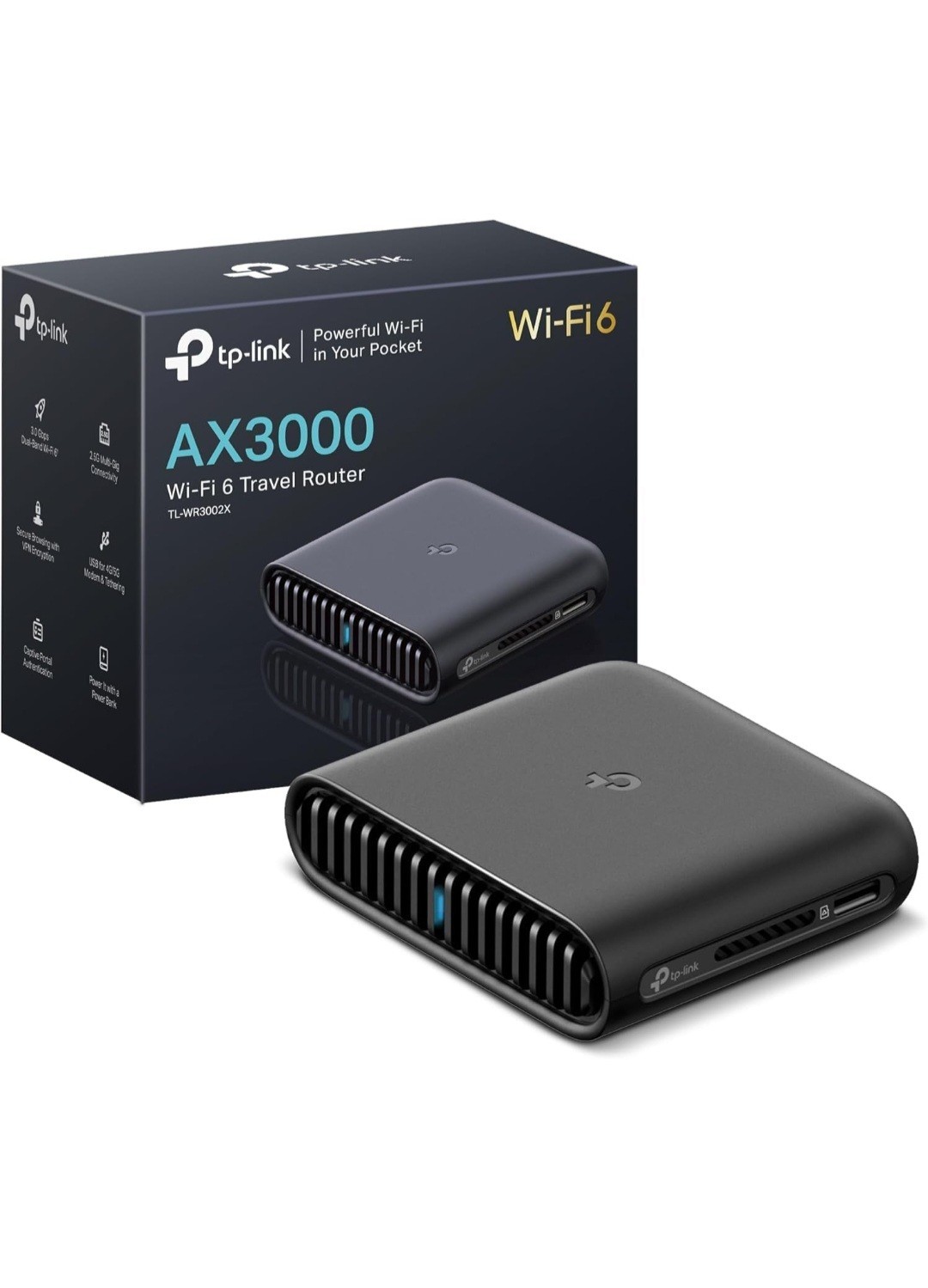 TP-LINK AX3000 Wi-Fi 6 Dual-Band Travel Router TL-WR3002X USB-C Black