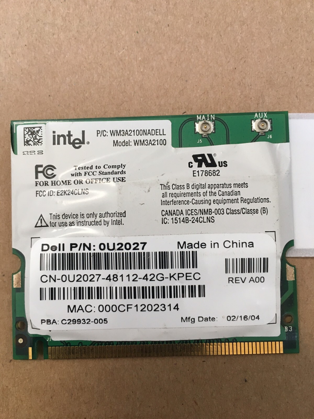 Laptop Wireless Card mini PCI | Dell P/N 0U2027 | Intel WM3A2100