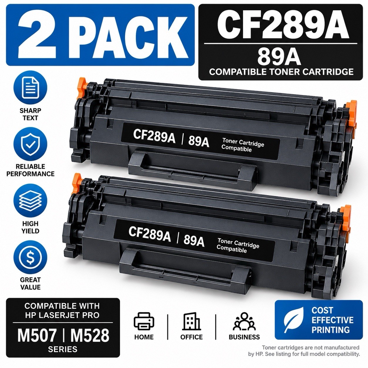 2 Pack CF289A 89A Compatible Black Toner Cartridge M507 M528 Printers Open Box