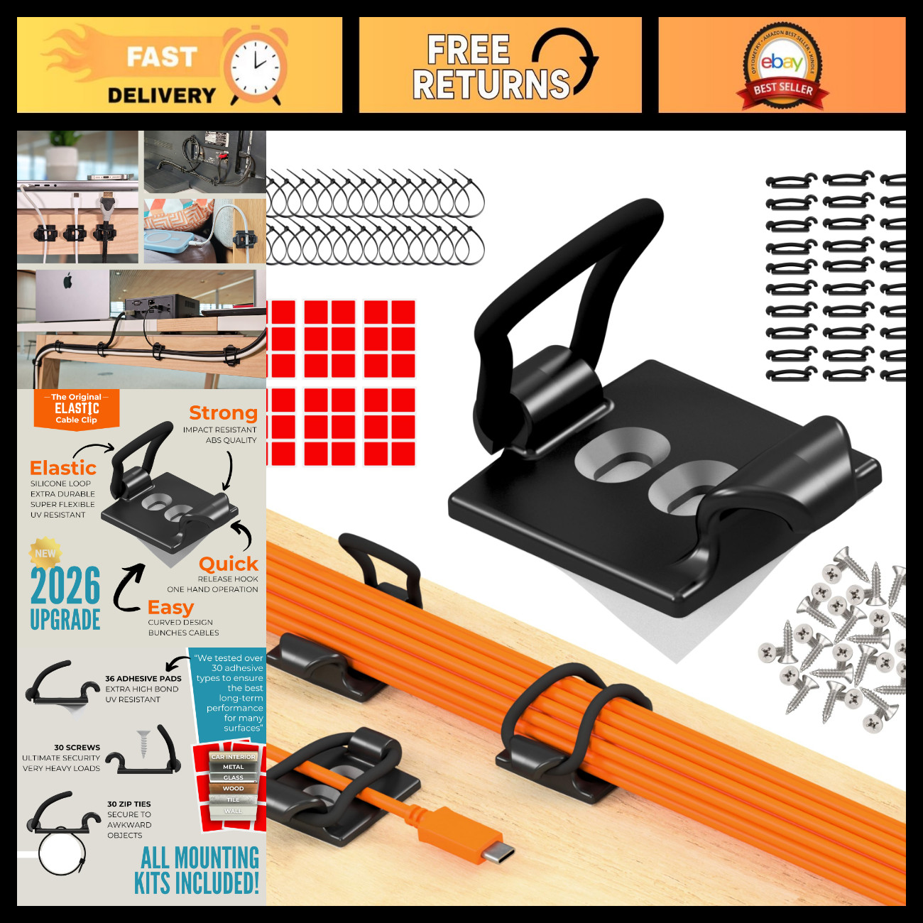 30-Pack Adjustable Elastic Cable Tidy Clips - Self-Adhesive Cable Management for