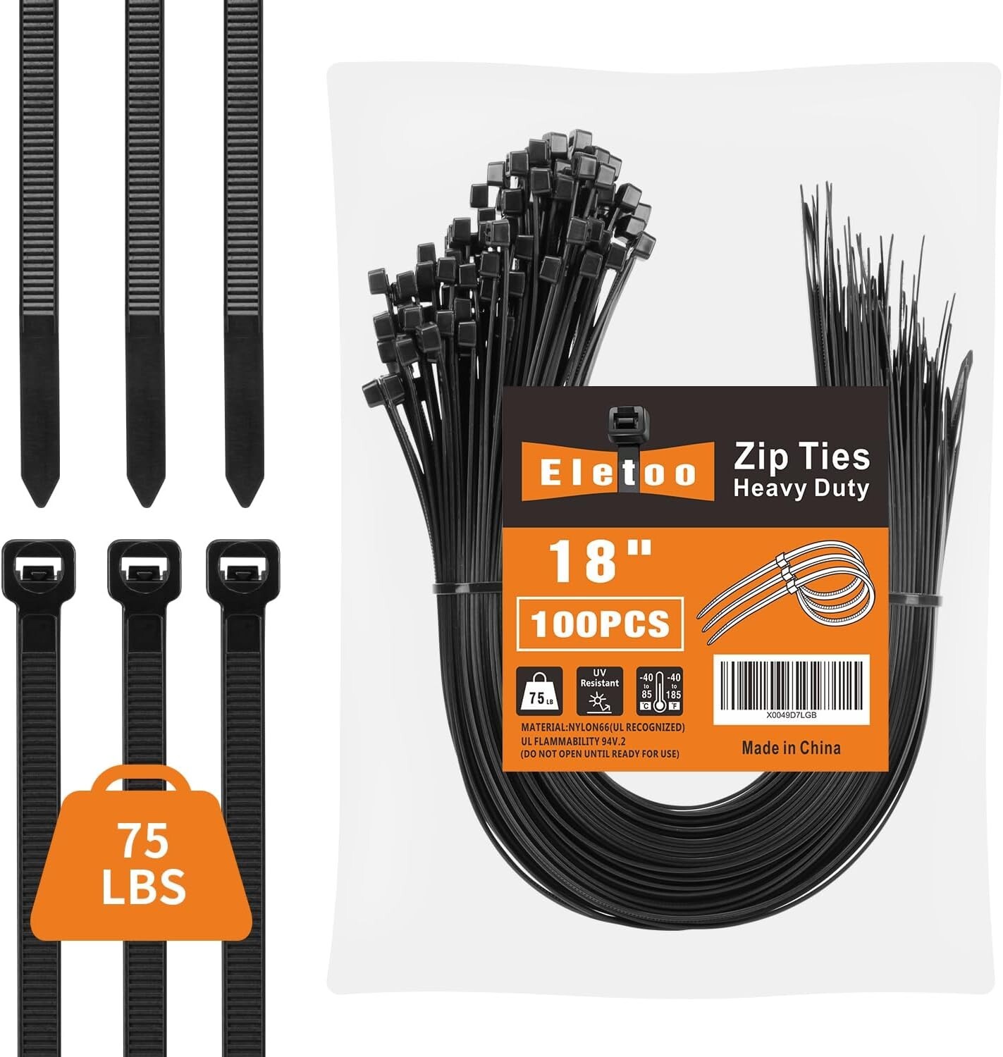 100PCS 18 inch Black Zip Ties Heavy Duty 75LBS Tensile Strength UV Resistant