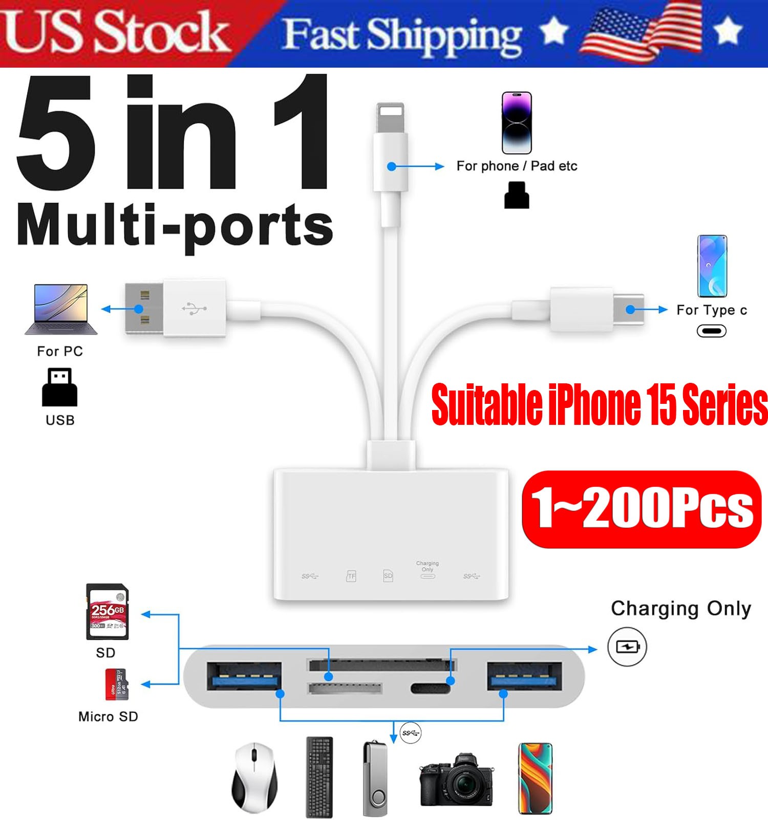 5 in 1 Memory Card Reader USB 3.0 OTG Adapter SD Card Reader For iPhone/iPad LOT
