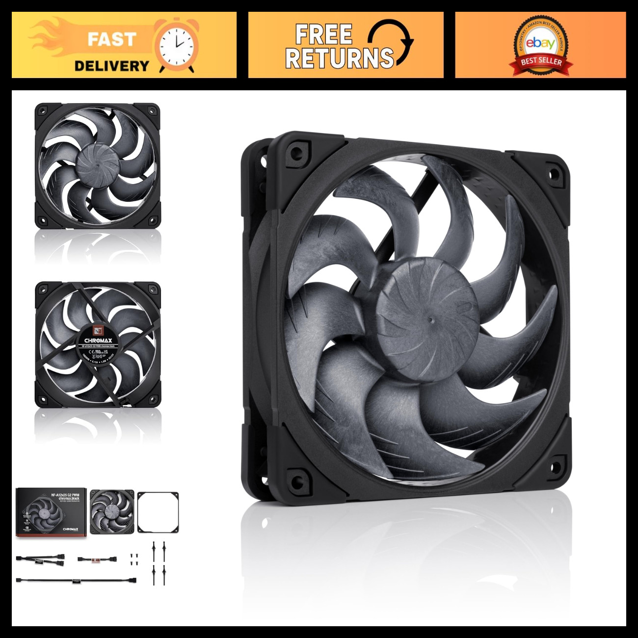 High-Performance 120mm Quiet PWM Fan, NF-A12x25 G2, Chromax Black, Low Noise