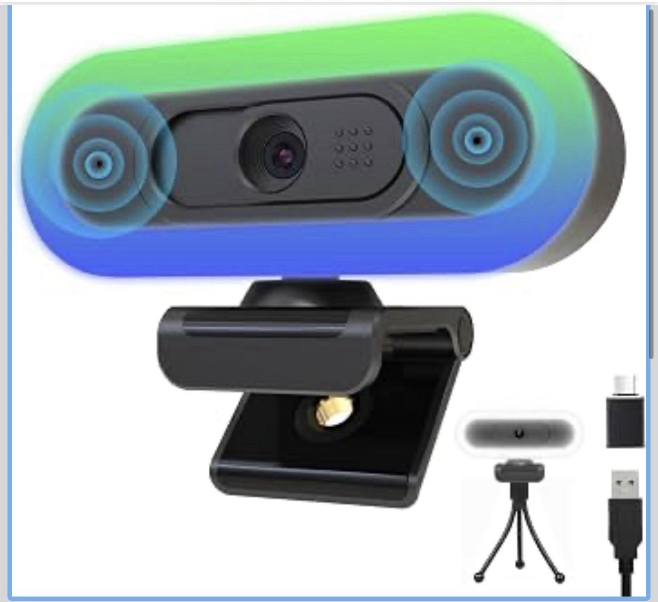 2K USB C Camera Autofocus PC Webcam with Dual Microphones/Ring Light/Fill RGB Li