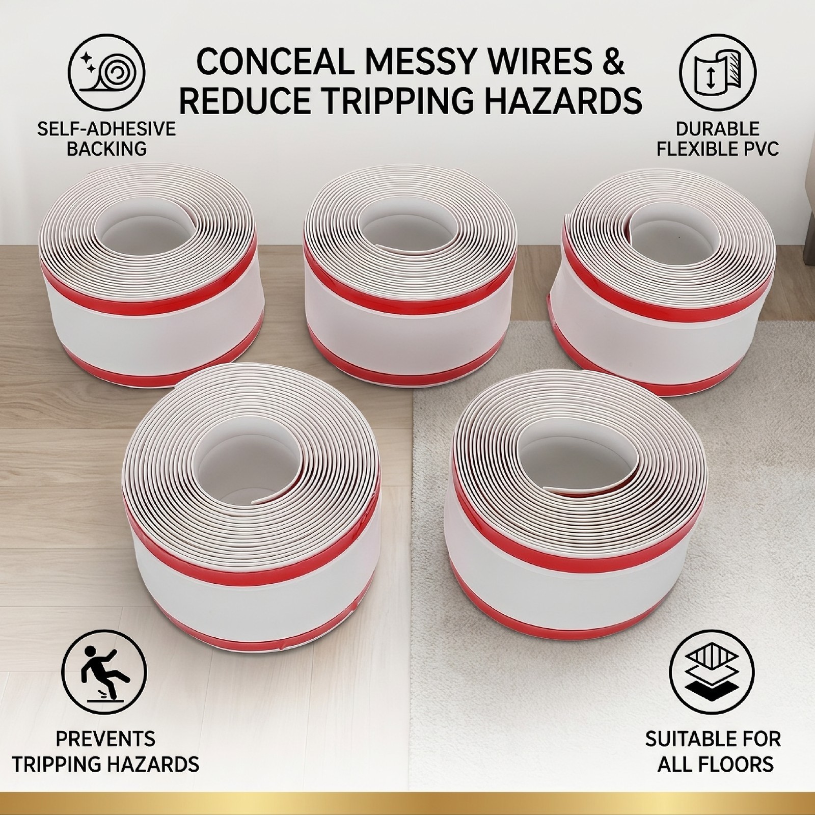 5 Pcs Flexible Cord Cover Floor Cable Management Self Adhesive Wire Hider PVC Ca