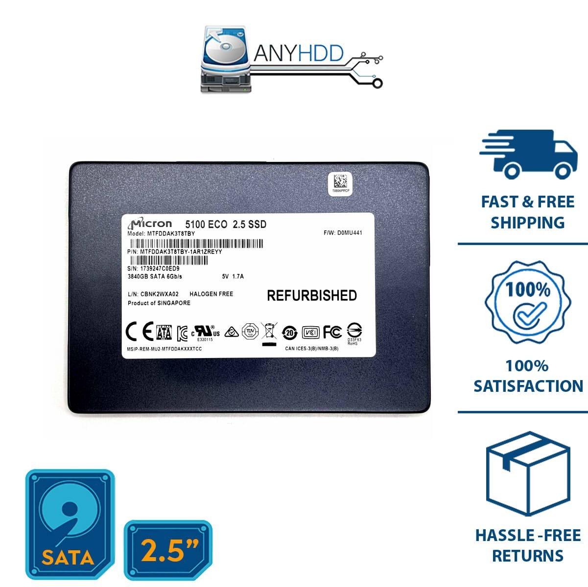 Micron 3.84tb SSD SATA - MTFDDAK3T8TBY -  5100 ECO 2.5" 6Gbs - 100% HEALTH