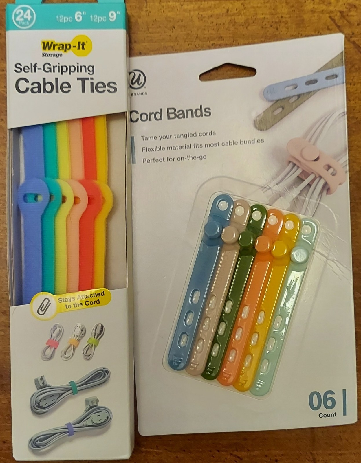 New Wrap-It Self-Gripping Cable Ties (12) 6” (12) 9” + 6 U Brands Cord Bands 