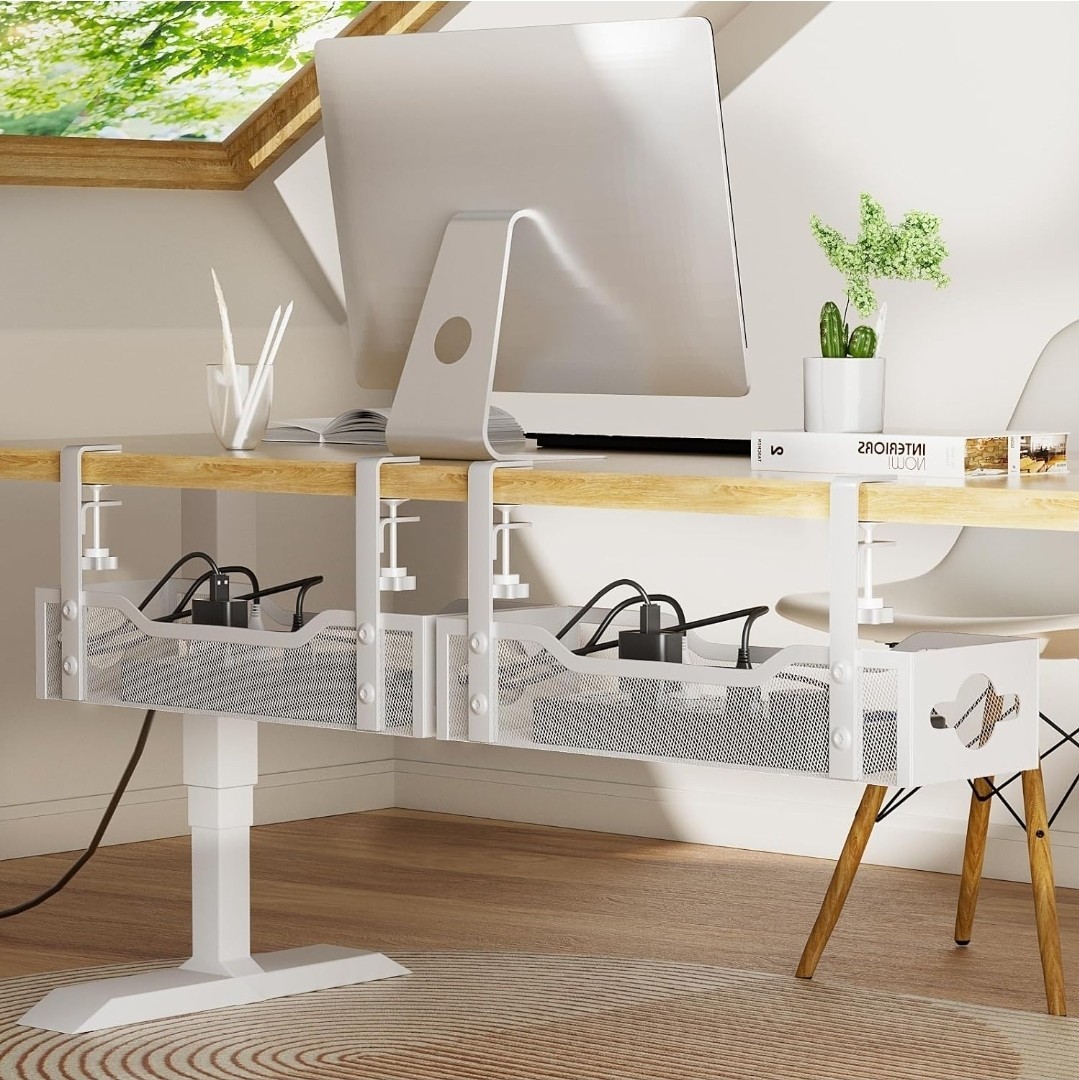 2 Pack Under Desk Cable Management Tray, No Drill Cable Organizer With Clamp 