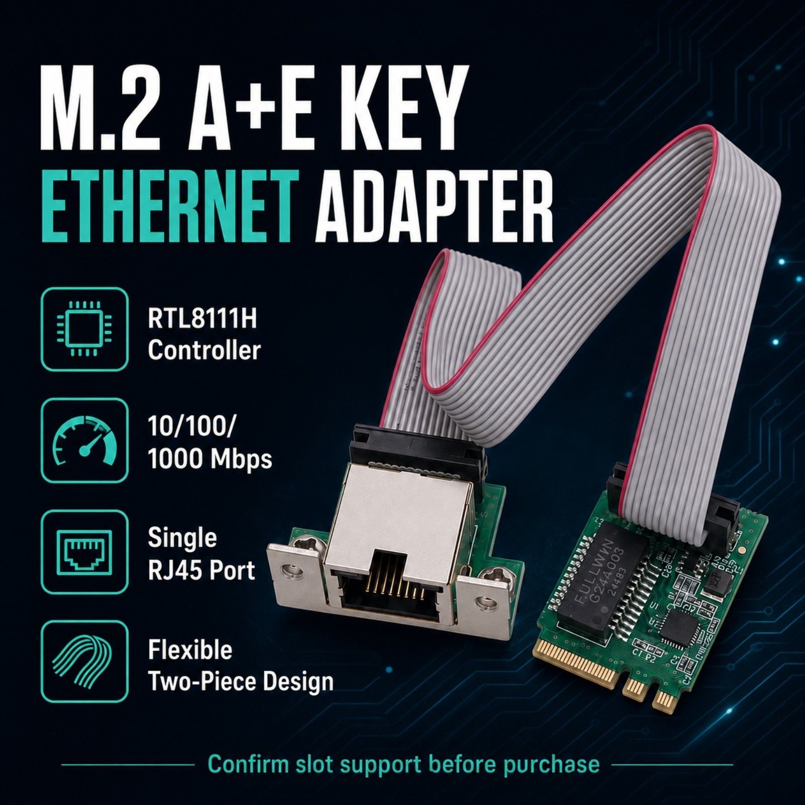 M.2 A+E Key to RJ45 Gigabit Ethernet Adapter RTL8111H LAN Network Card