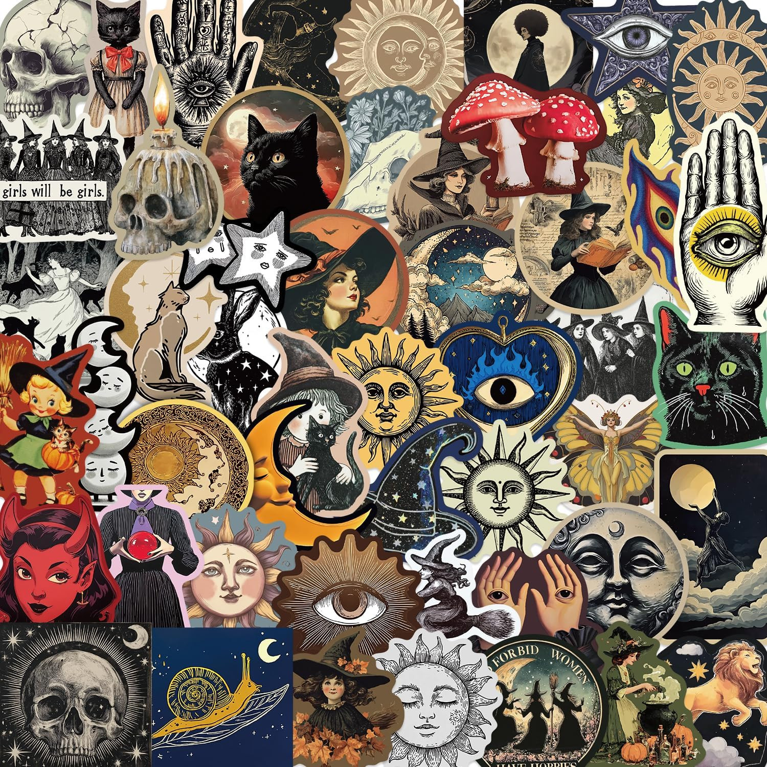 52Pcs Mysterious Celestial Stickers Pack, Celestial Witchy Tarot Sun Moon Waterp