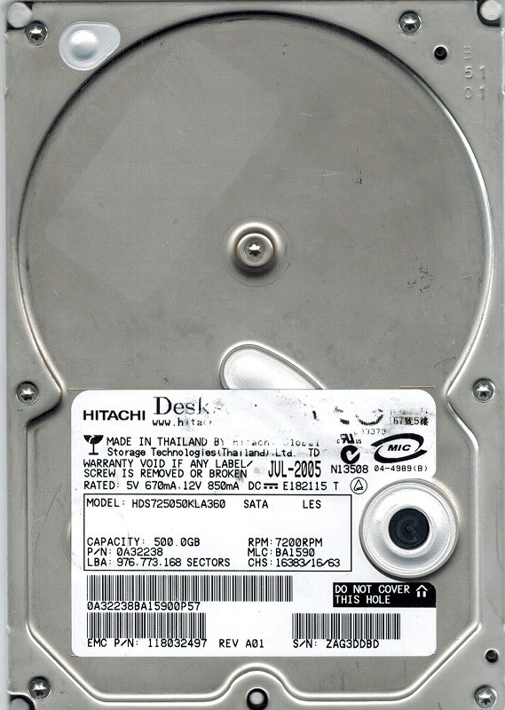Hitachi HDS725050KLA360 P/N: 0A32238 MLC: BA1590 500GB
