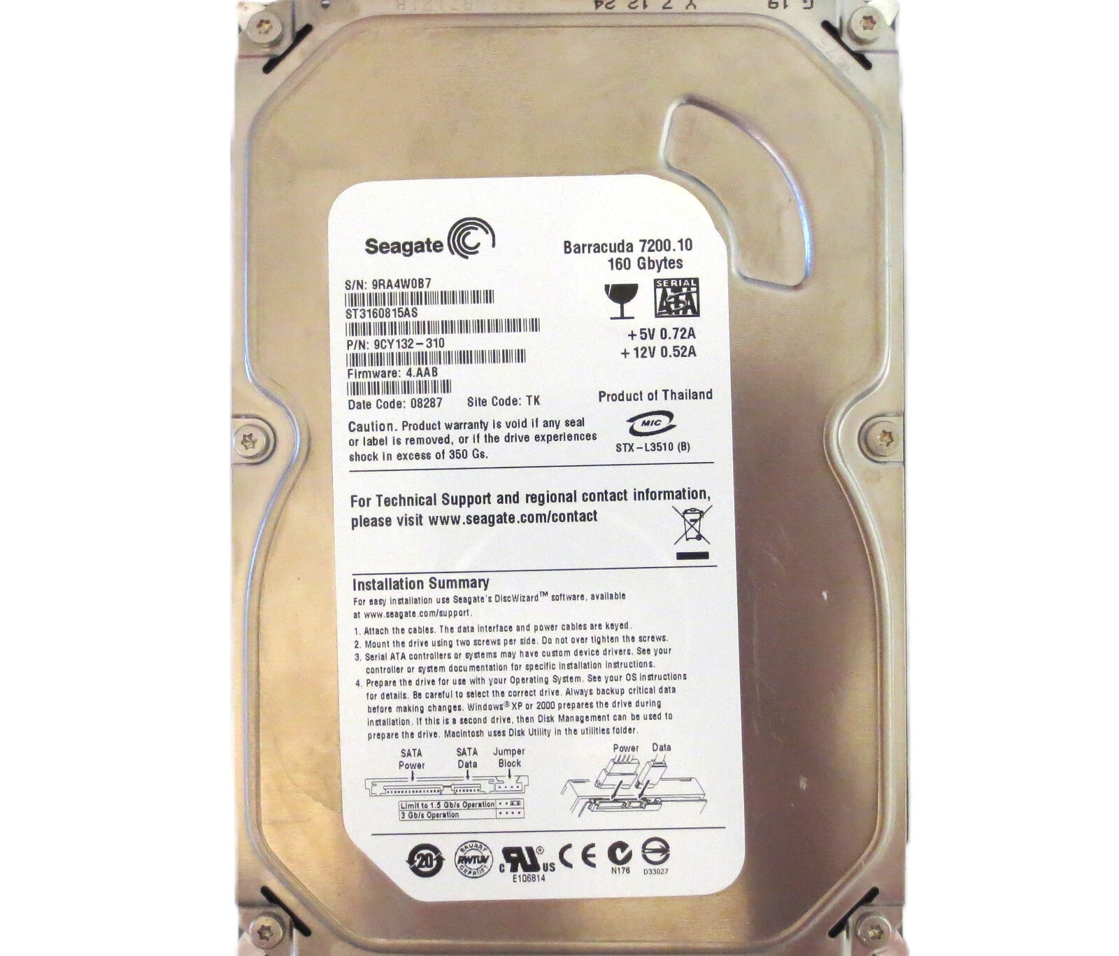 Seagate ST3160815AS 9CY132-310 4.AAB TK (9RA) Thailand 160gb 3.5" Sata JAN/2008