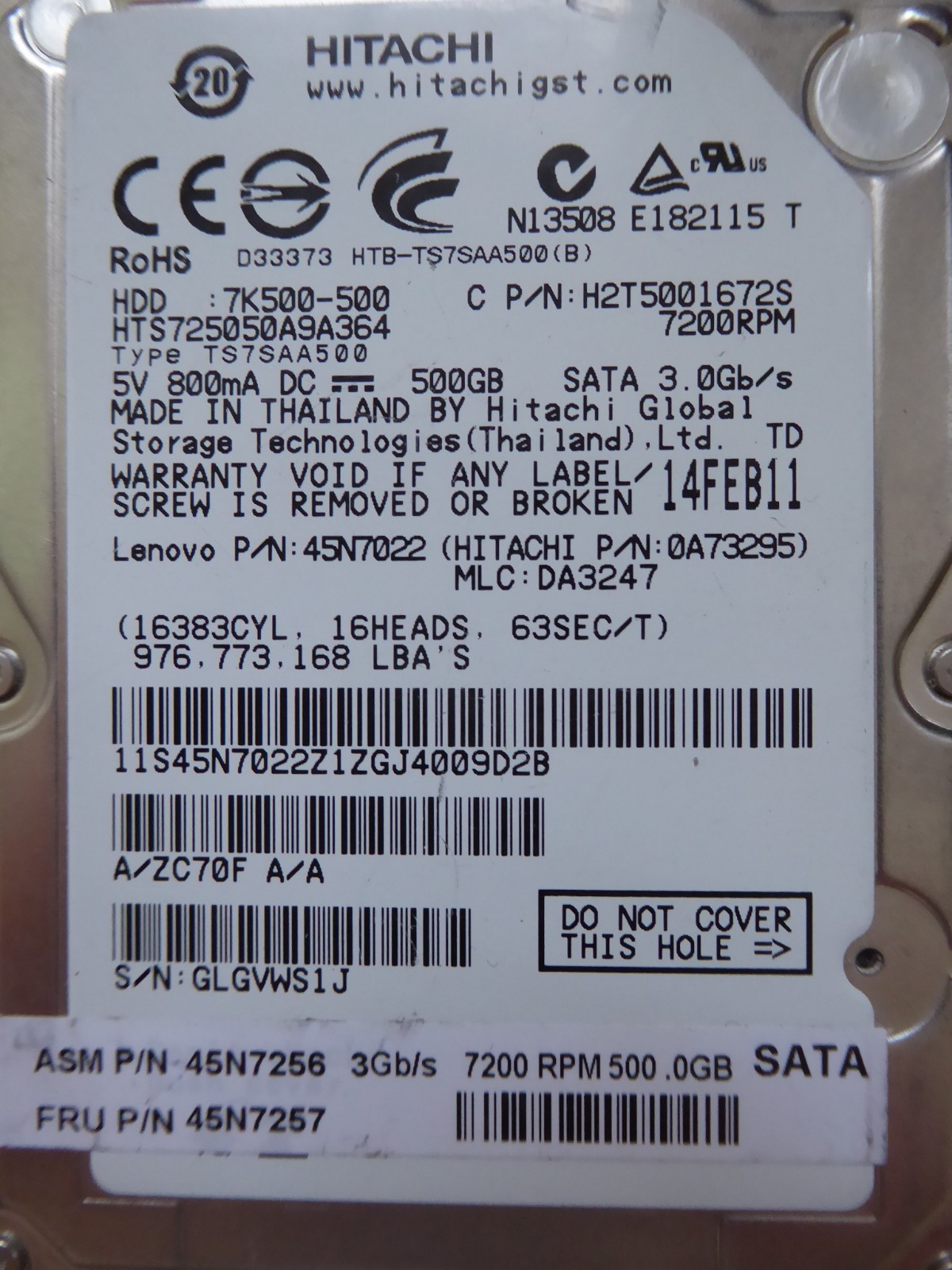 Hitachi HTS725050A9A364 | MLC: DA3347 | P/N: 0A73295 | 14FEB2011 | 500GB #12