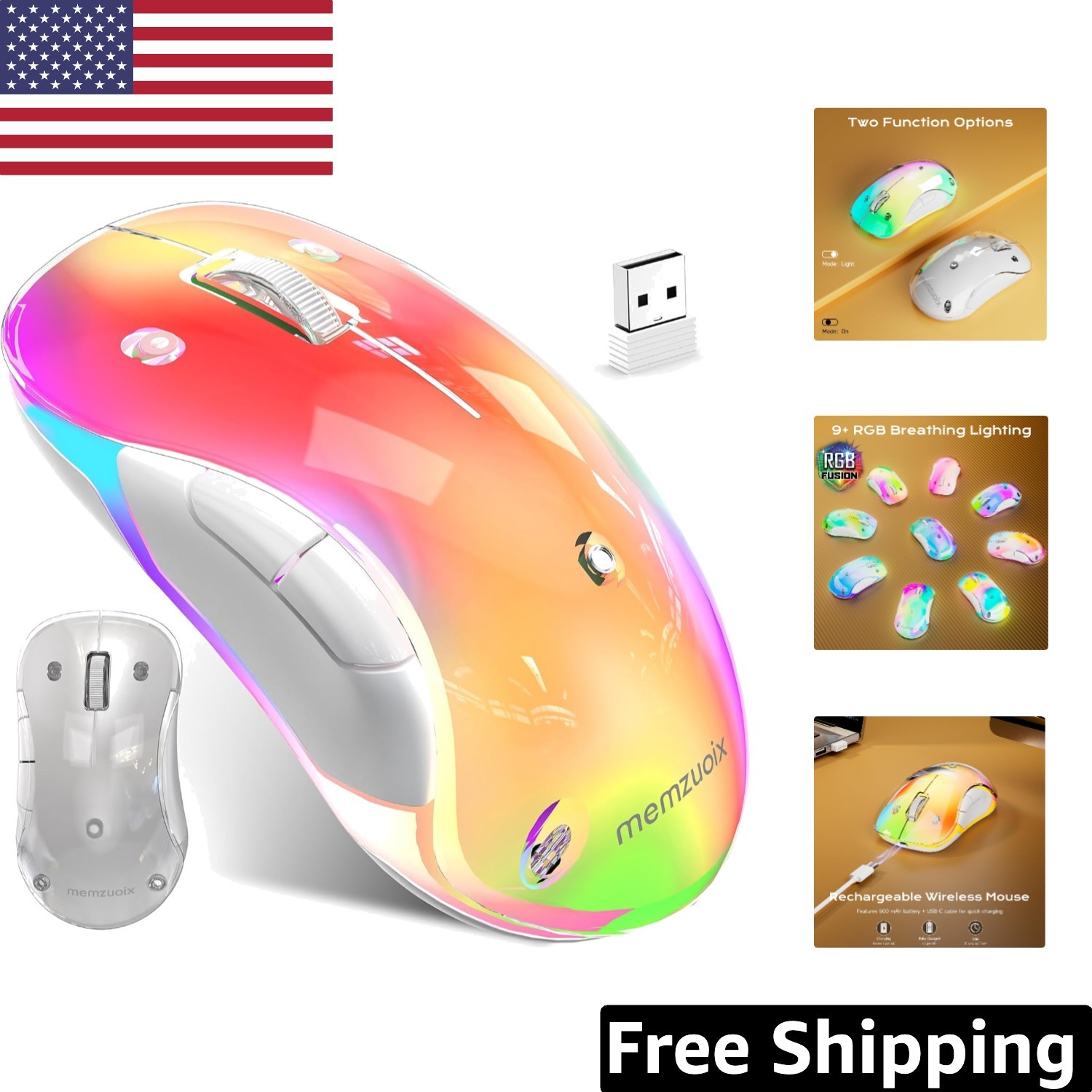 Wireless Rechargeable 1400 DPI Ergonomic Mouse with Magnetic Cover & LED Lights