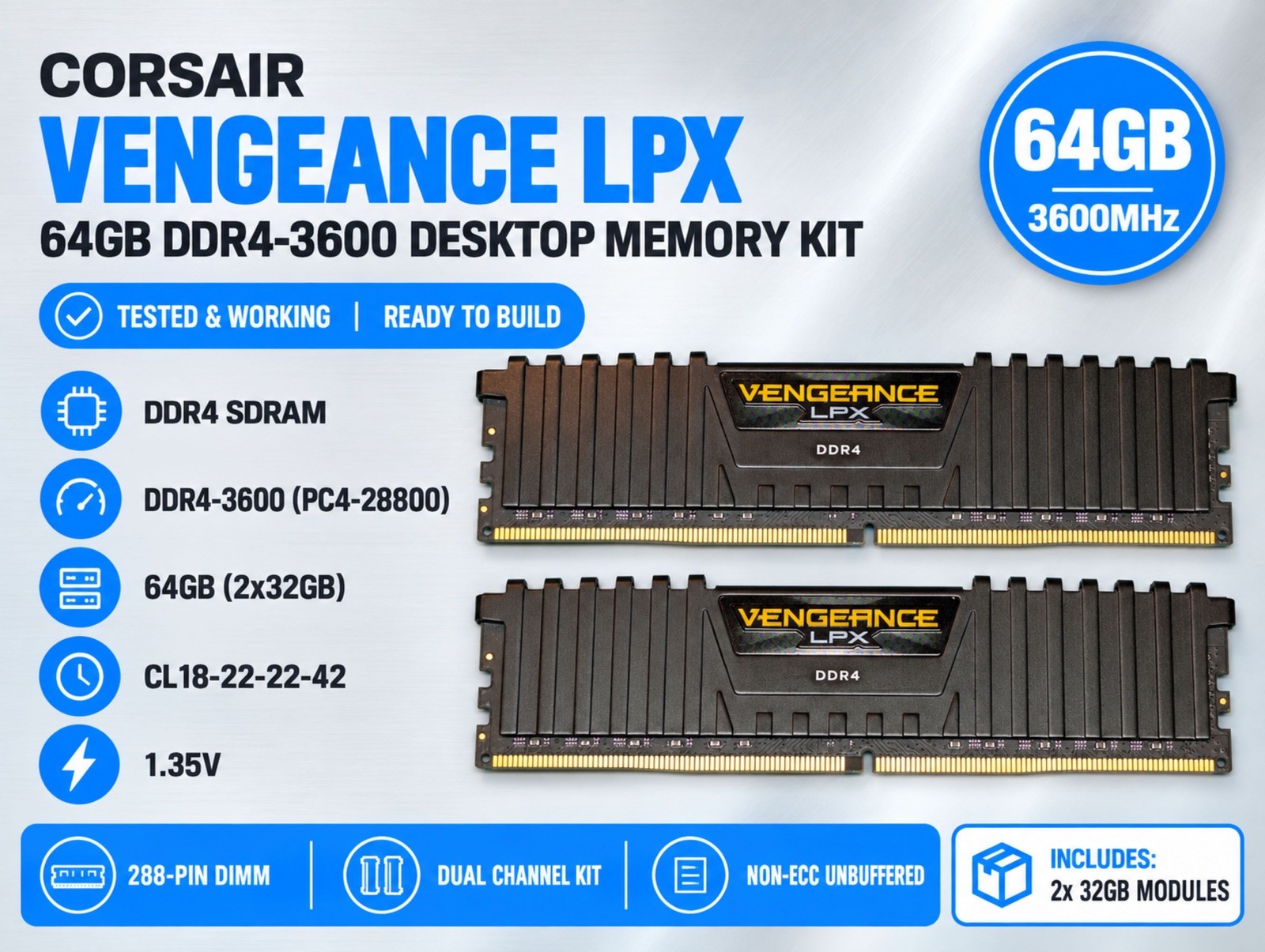 CORSAIR Vengeance LPX 64GB (2x32GB) PC RAM DDR4 3600 (PC4 28800) Memory Kit
