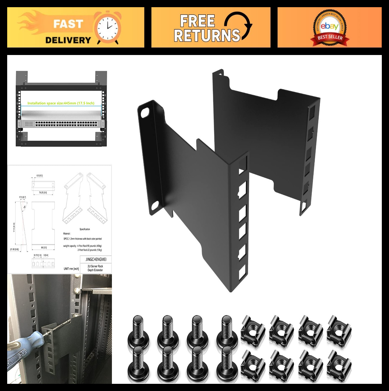 2U Server Rack Depth Extender - 4-Inch Deep