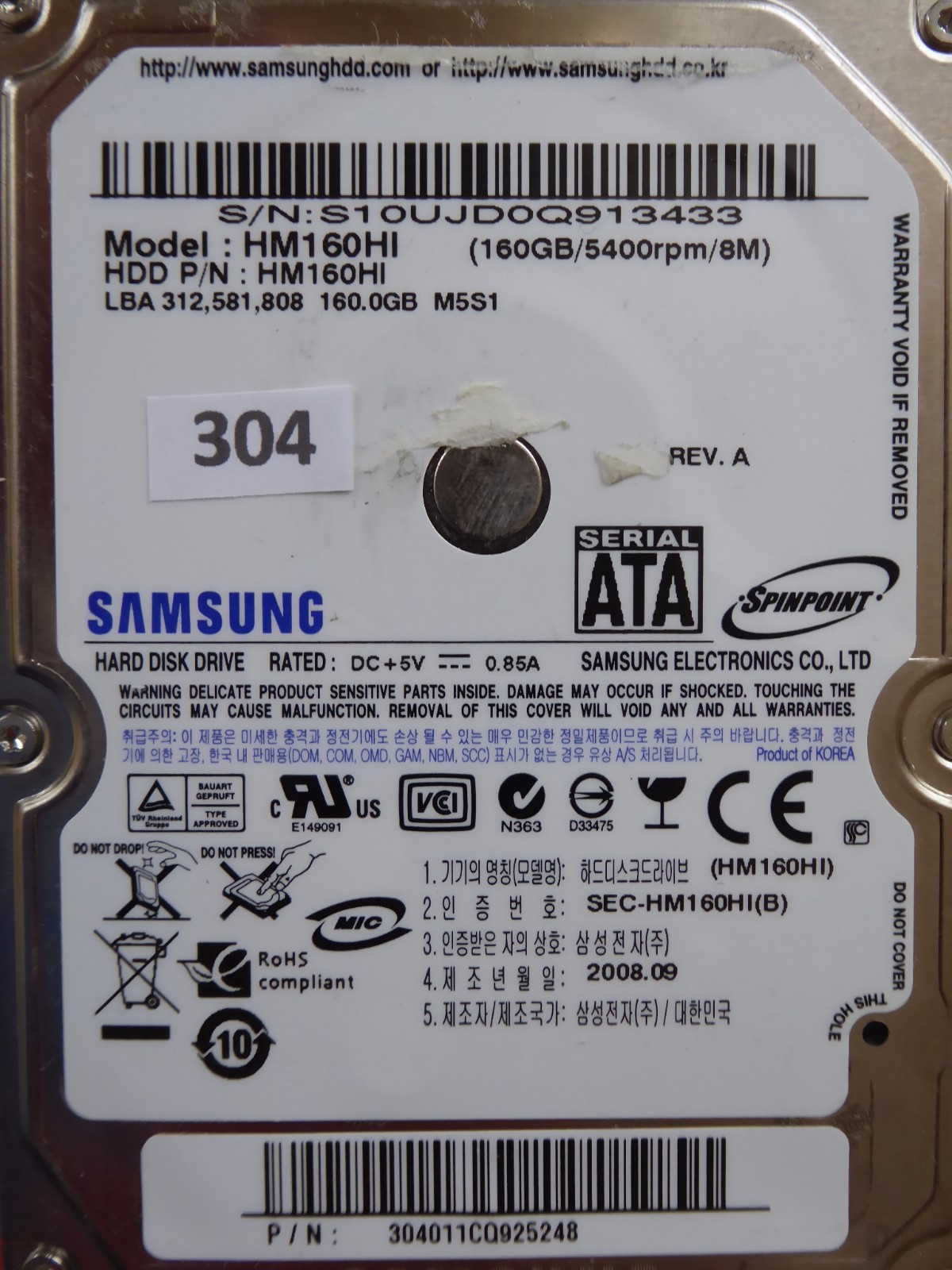 Samsung HM160HI | 2008.09 | PCB: MANGO REV.03 | 160GB Disco Rigido #304