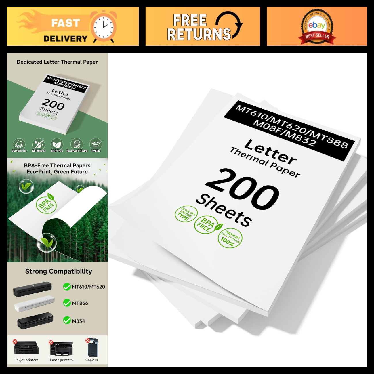 Portable Thermal Printer Paper - 200 Sheets, US Letter 8.5x11, High Quality
