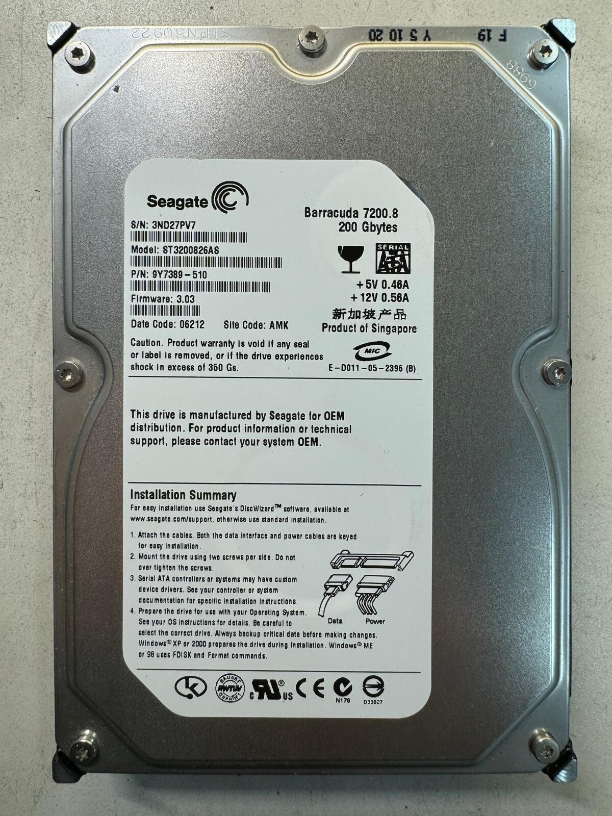 SEAGATE ST3200826AS 9Y7389-510 200GB Firmware 3.03 Code 06212 SATA 3.5" HDD
