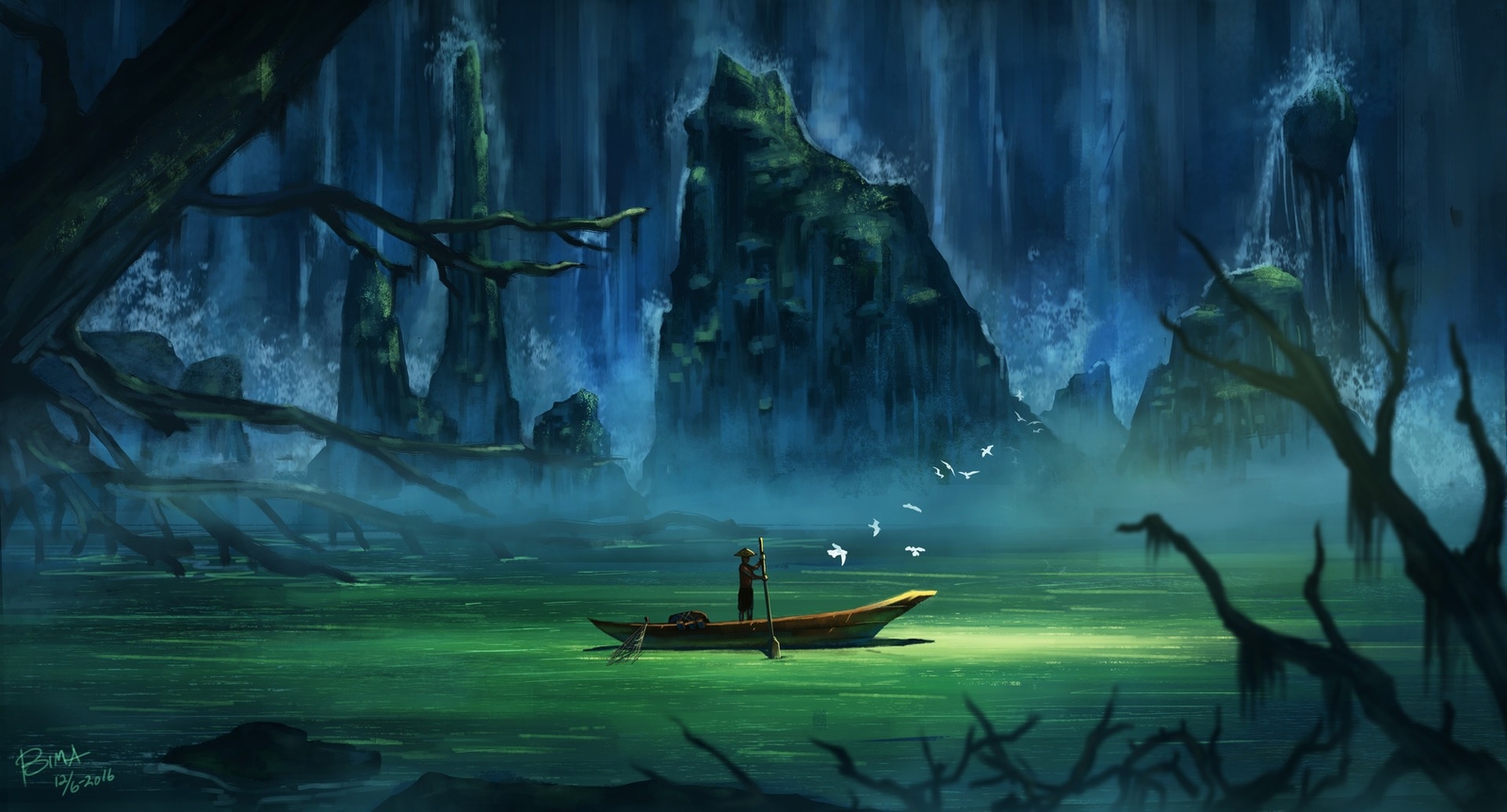 Landscape river boat concept art fantasy waterfall water Custom Gaming Mat Desk