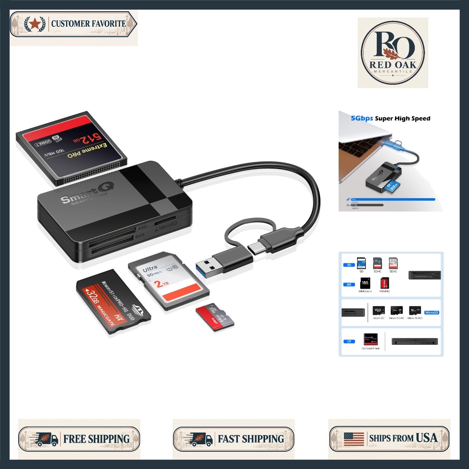 4 in 1 USB C SD MS CF TF Card Reader Adapter for Windows Mac Linux