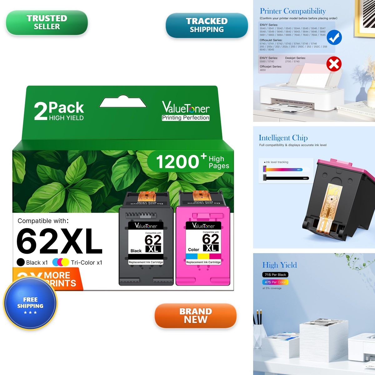62XL Ink Cartridges for HP Envy 5660 Combo Pack