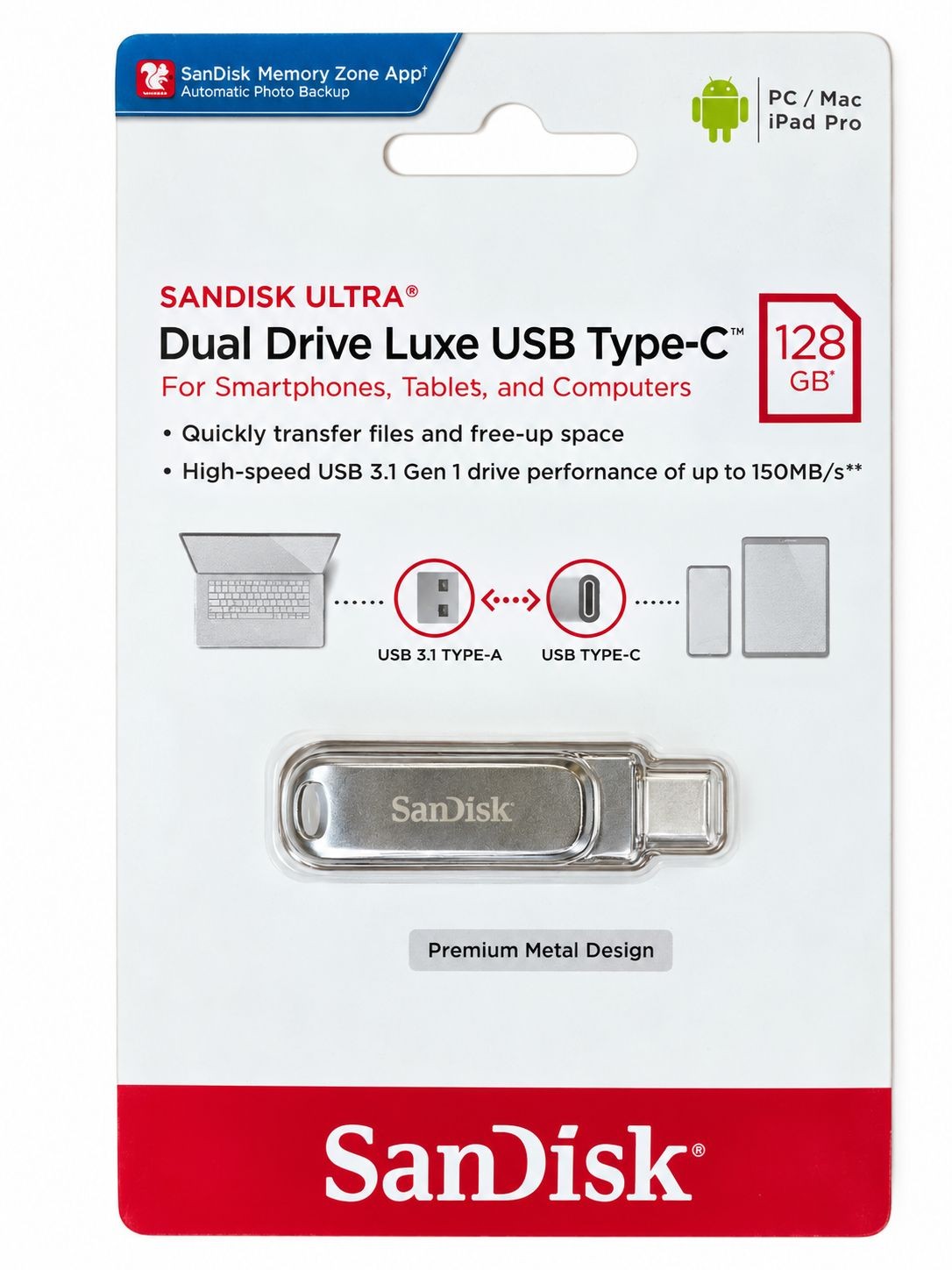 SanDisk Ultra Dual Drive Luxe 128GB USB-C USB-A Flash Drive 150MB/s