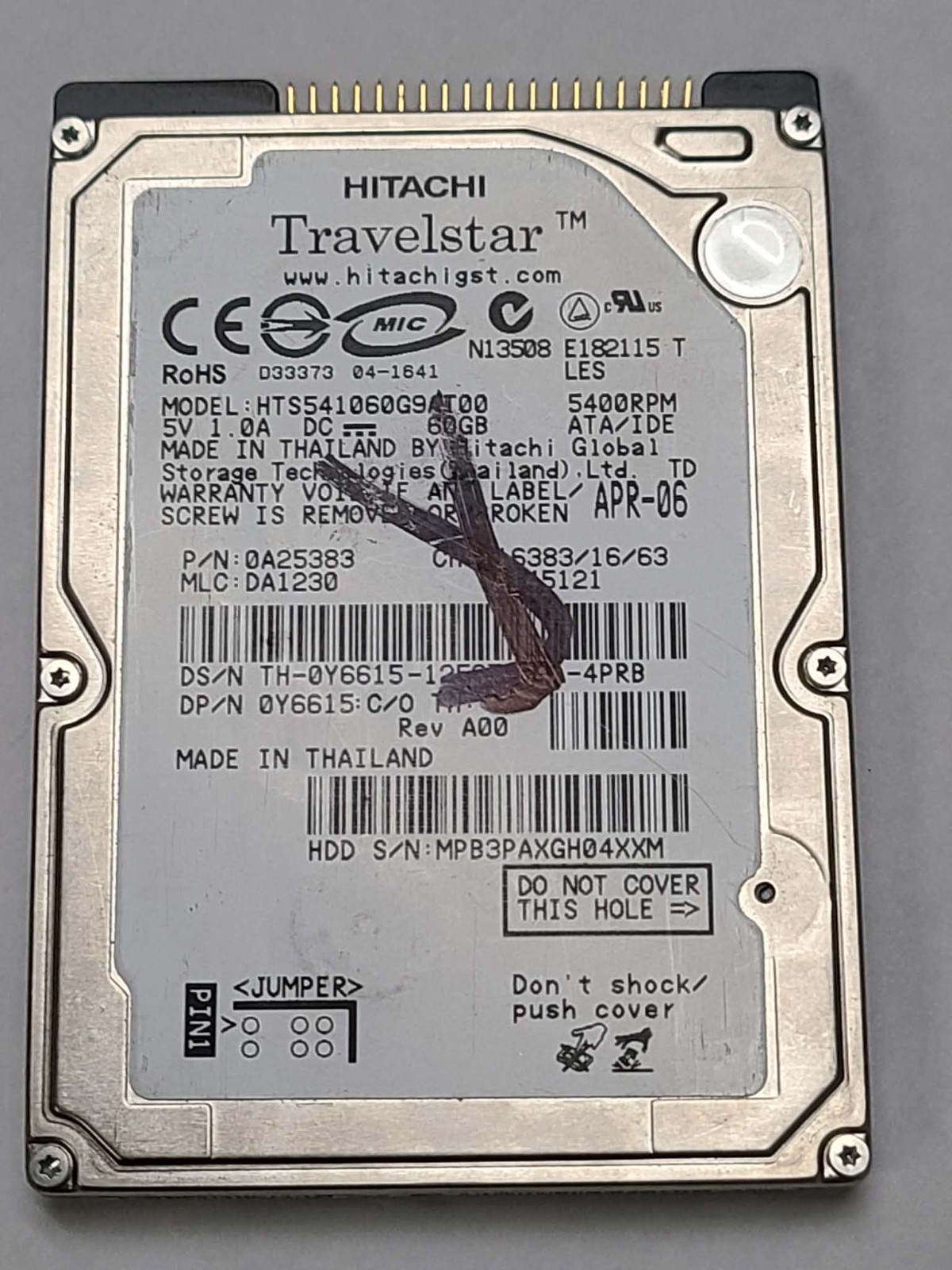 60GB Hitachi HTS541060G9AT00 Laptop IDE Hard Drive 0Y6615 P/N 0A25383 MLC DA1230