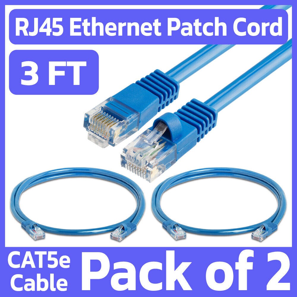 2 Pack Cat5e Patch Cable Blue 3FT Ethernet Cord Lan Network Internet Wire RJ45