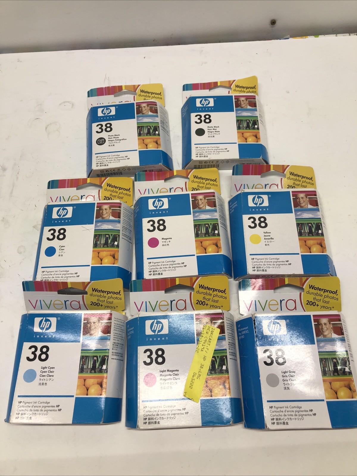 Lot of 8 -- OEM HP 38 Cartridges -- New Sealed Box-- see description for colors