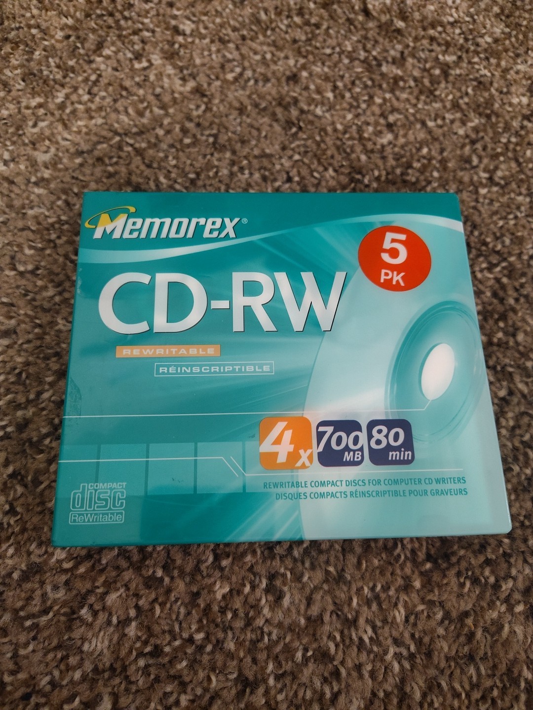 CD-RW 5 Pack Blank 4X 700MB 80 Minutes Rewritable Computer Memorex CD NOS