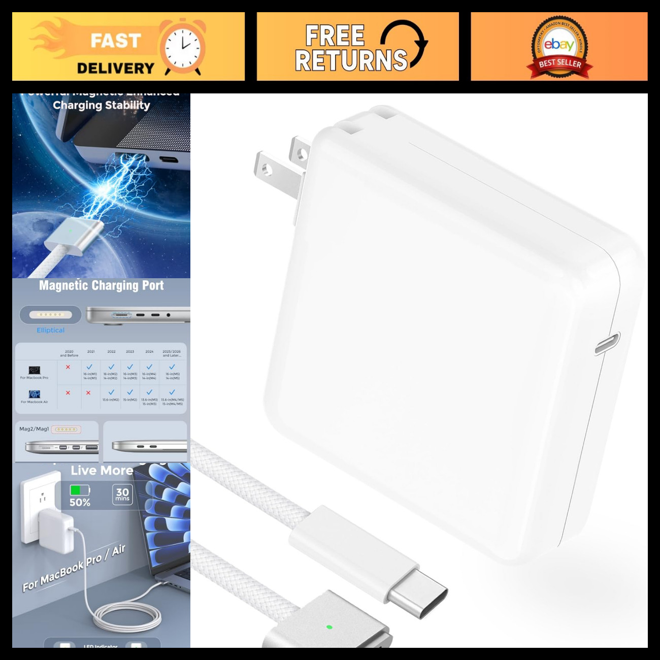 96W/70W USB-C Charger for MacBook Pro/Air 13-16" - 6.6FT Magnetic Cable, LED Ind