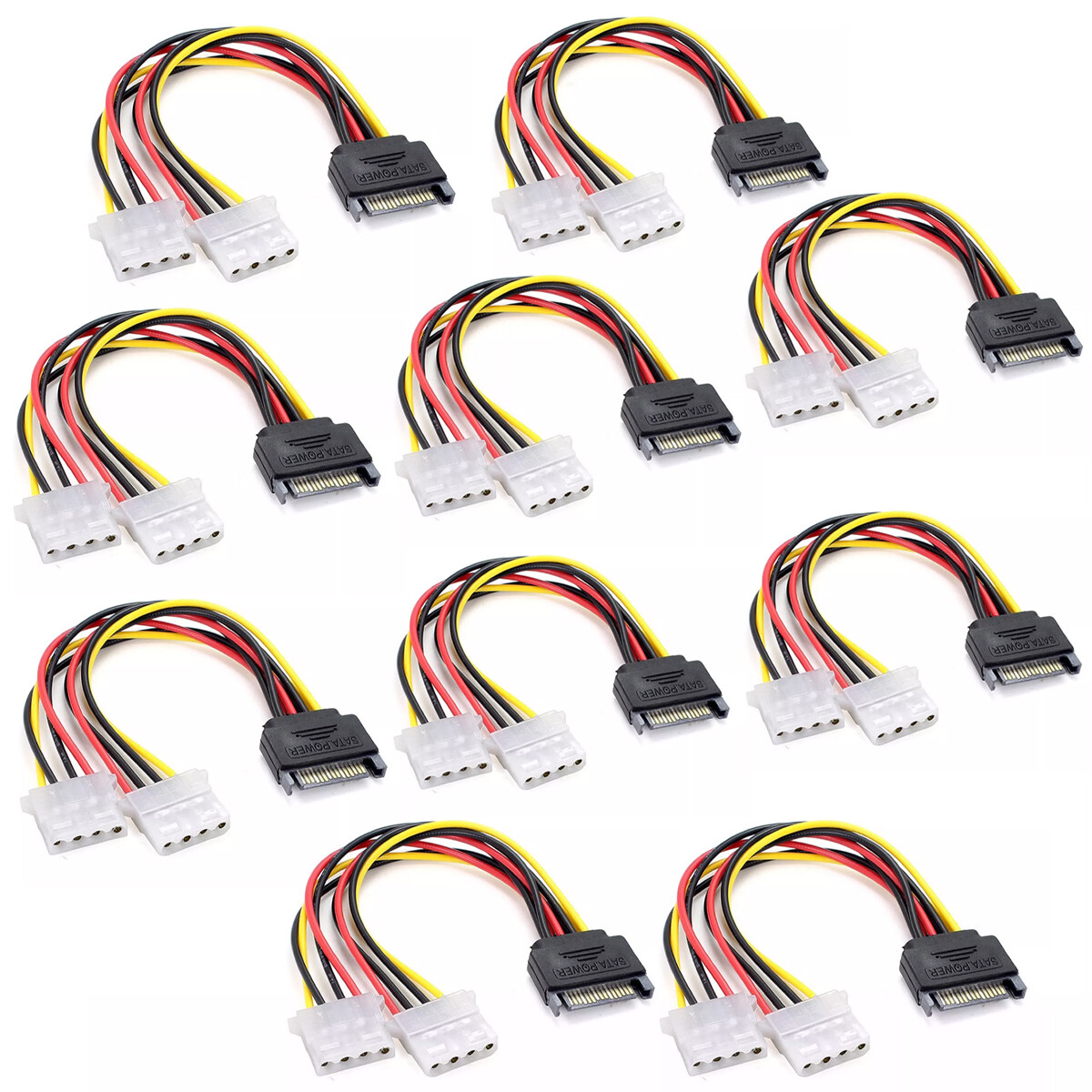 10x 8" 15-pin SATA Male to Dual 4pin Molex Female Power Adapter Cable Connector