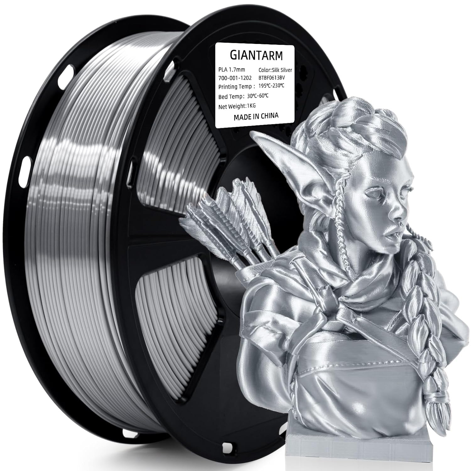 GIANTARM Silk Metallic Silver PLA 3D Printer Filament 1Kg Spool, 1.75Mm Dimensio
