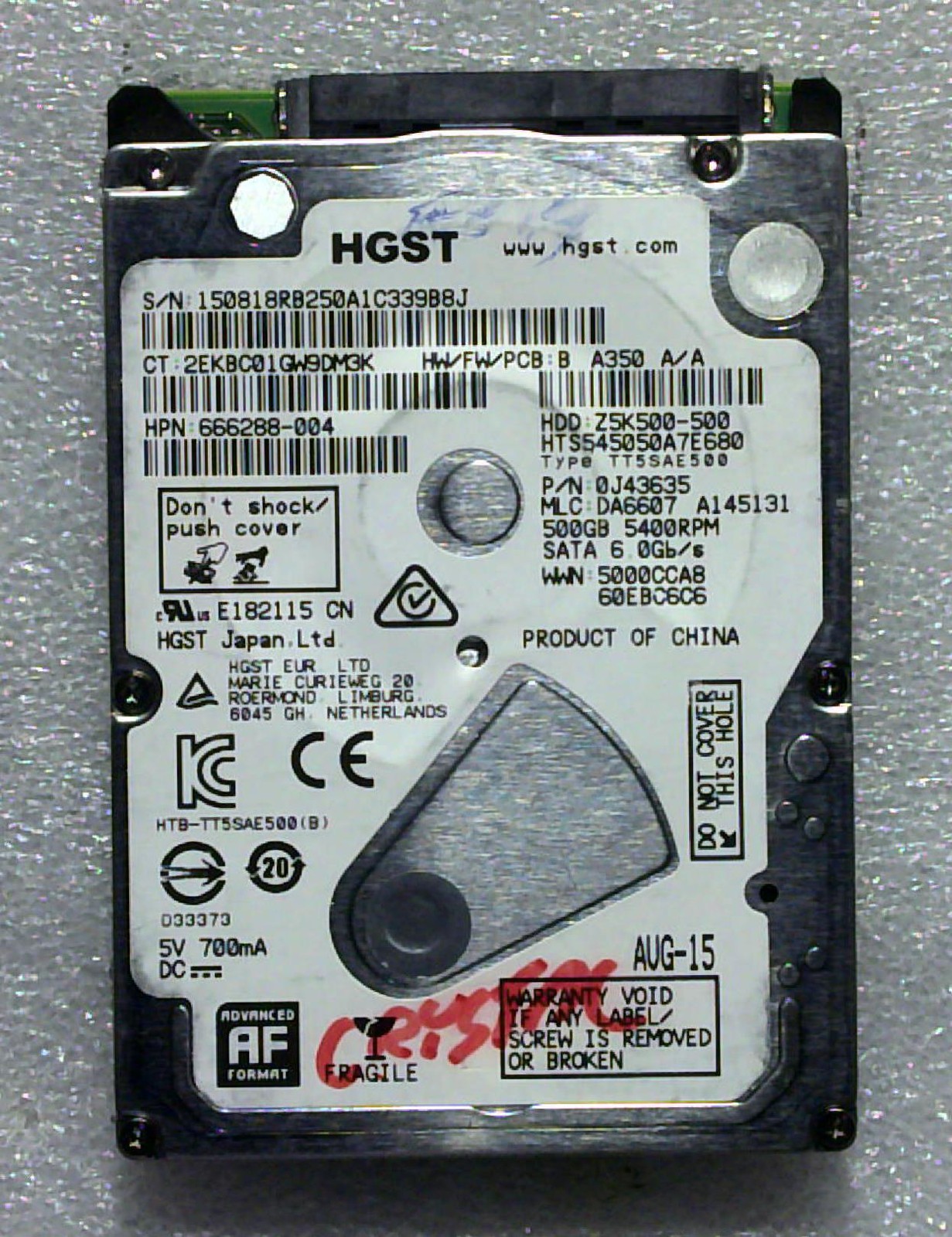Hitachi / HGST - HTS545050A7E680 - 500GB - 0J43635 - SN: 1C339B8J