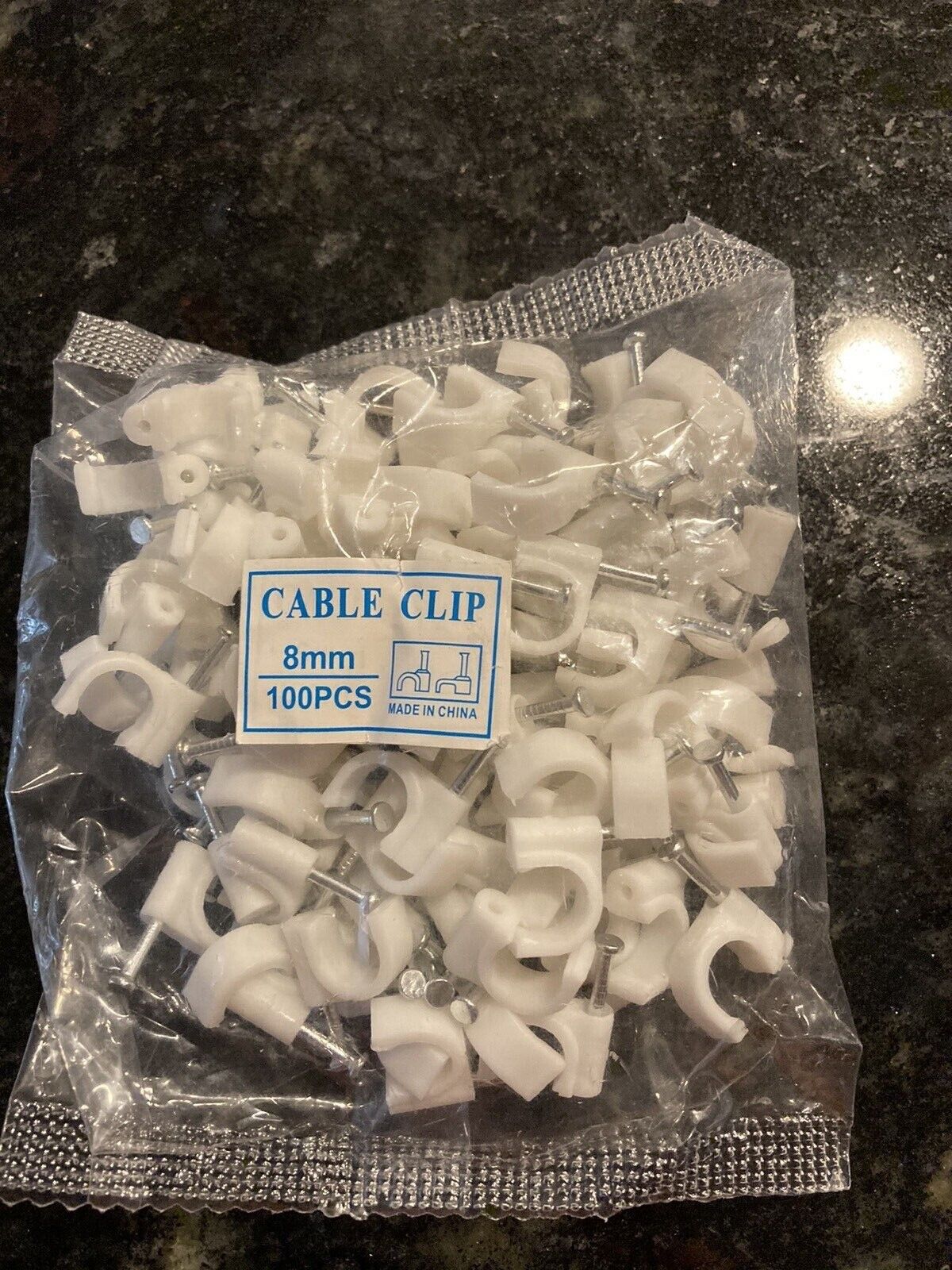 New White Circle Cable Clips with Stainless Steel Nail, 8mm, 100 pcs/pack