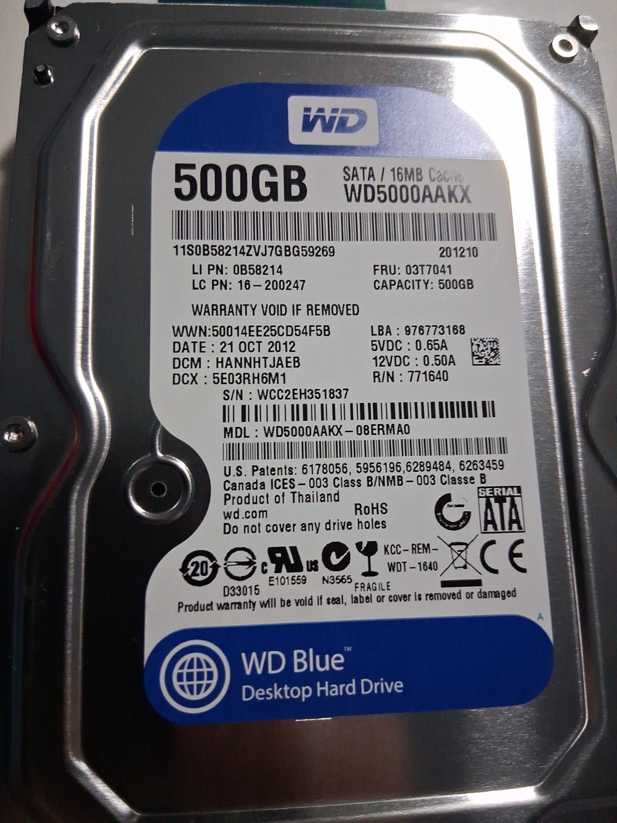 WD5000AAKX 500GB 7200 RPM SATA 3.5 Inch Desktop Hard Drive