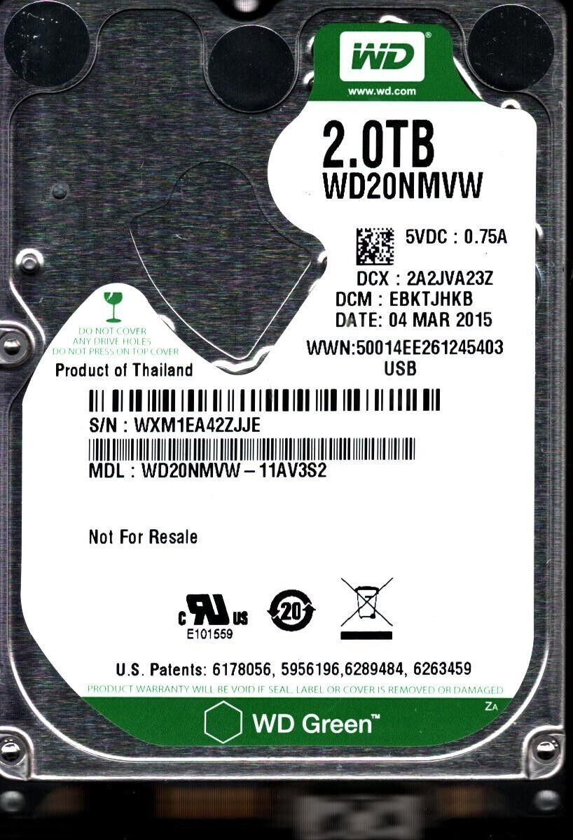 WD20NMVW-11AV3S2 S/N: WXM1E DCM: EBKTJHKB WESTERN DIGITAL 2TB THAILAND MAR 2015