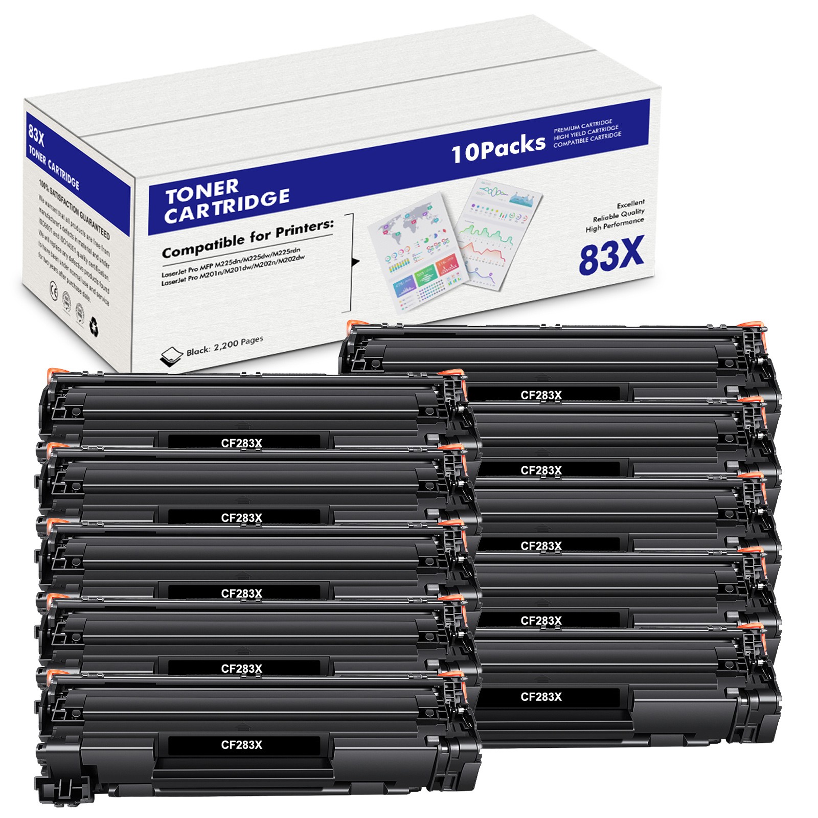10PK Black CF283X Toner Cartridge For HP 83X LaserJet Pro MFP M225rdn M225dw