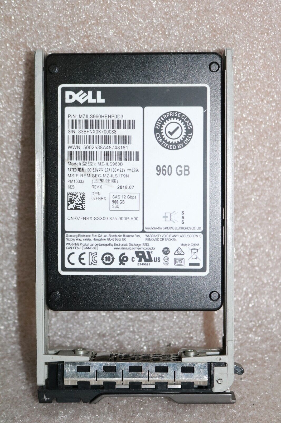07FNRX Dell 960GB SAS 12Gbps Read Intensive ENT 2.5'' SSD PM1633a MZ-ILS960B