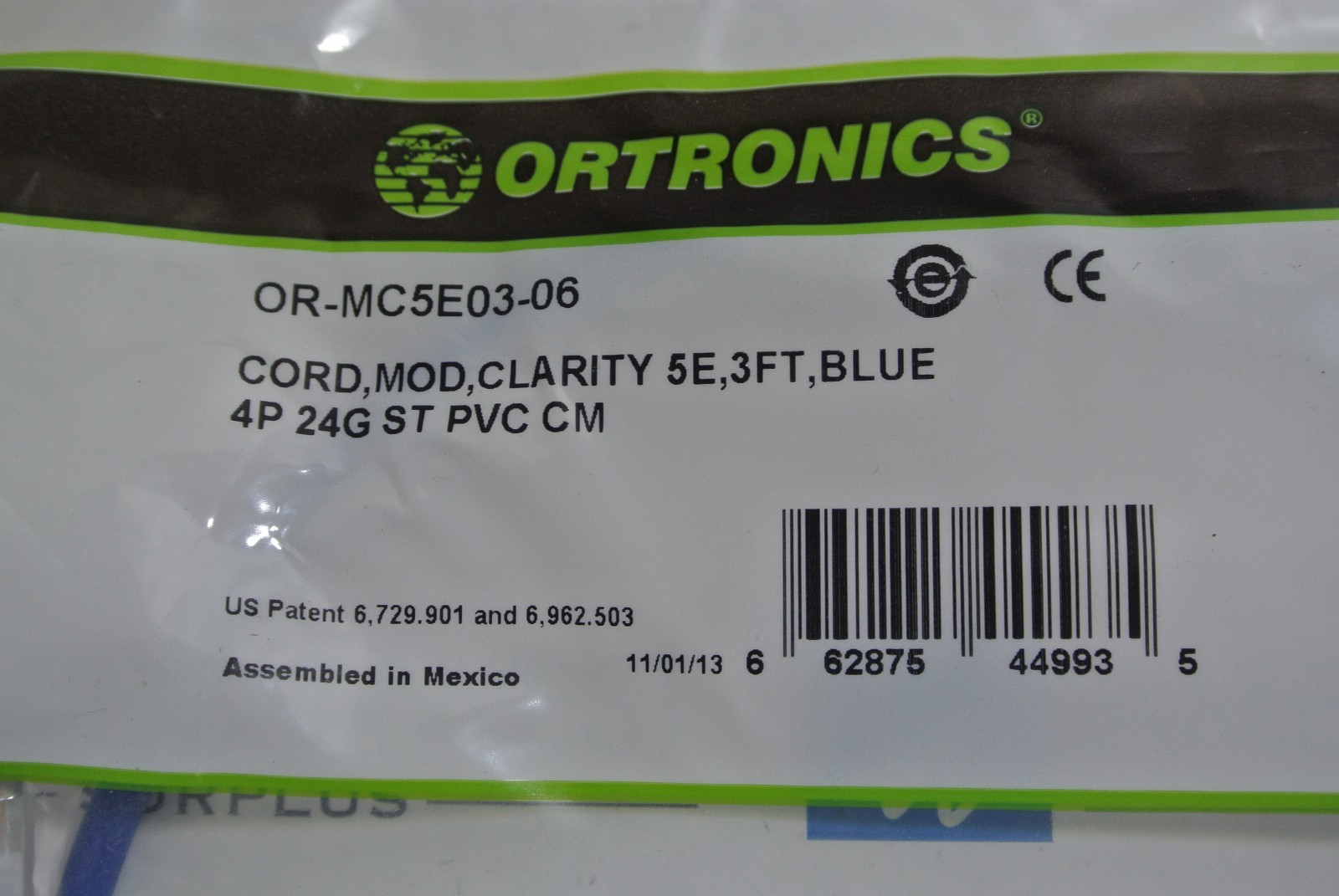 Ortronics Cord OR-MC5E03-06  MOD, Clarity, 5e 3 feet Blue 4P 24G ST PVC New