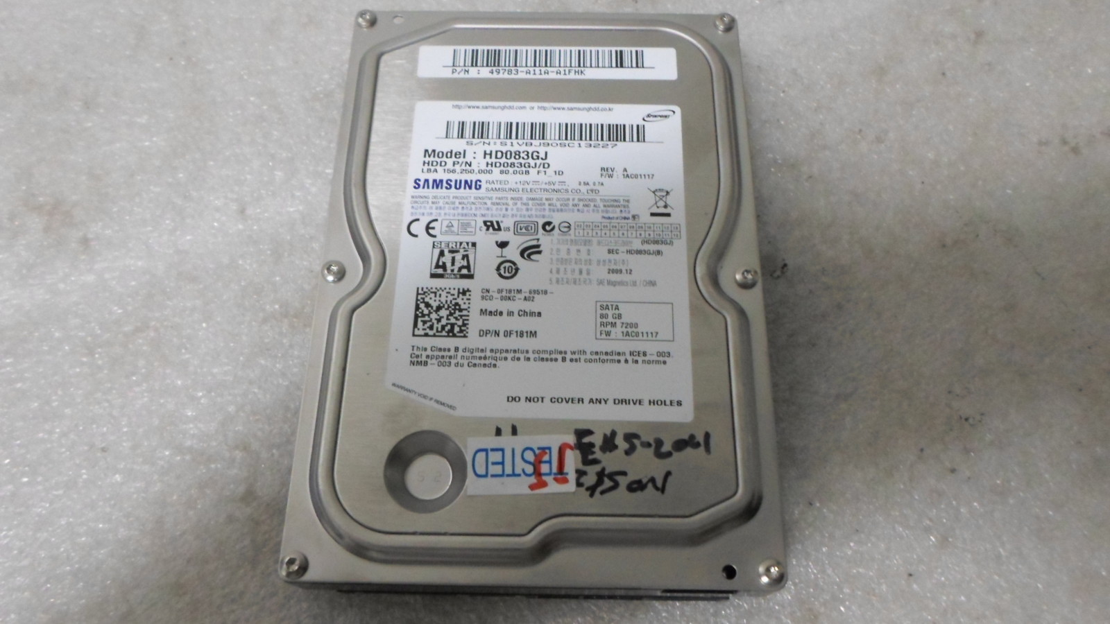 Samsung HD083GJ HD083GJ/D 49783-A11A-A1FHK Dell 0F181M 80GB 7200RPM Hard Drive