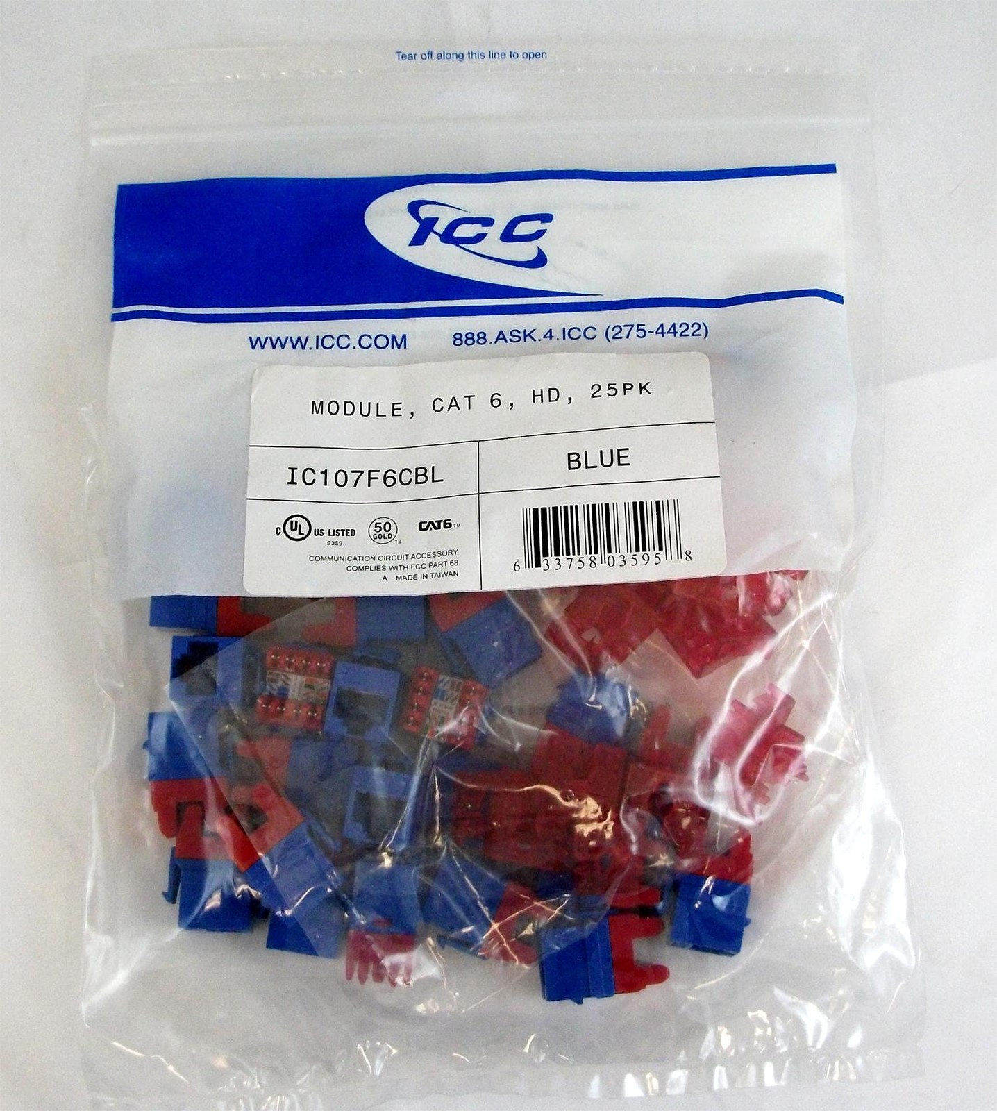 ICC MODULE CAT 6 HD 25PK BLUE IC107F6CBL UPC 633758035958