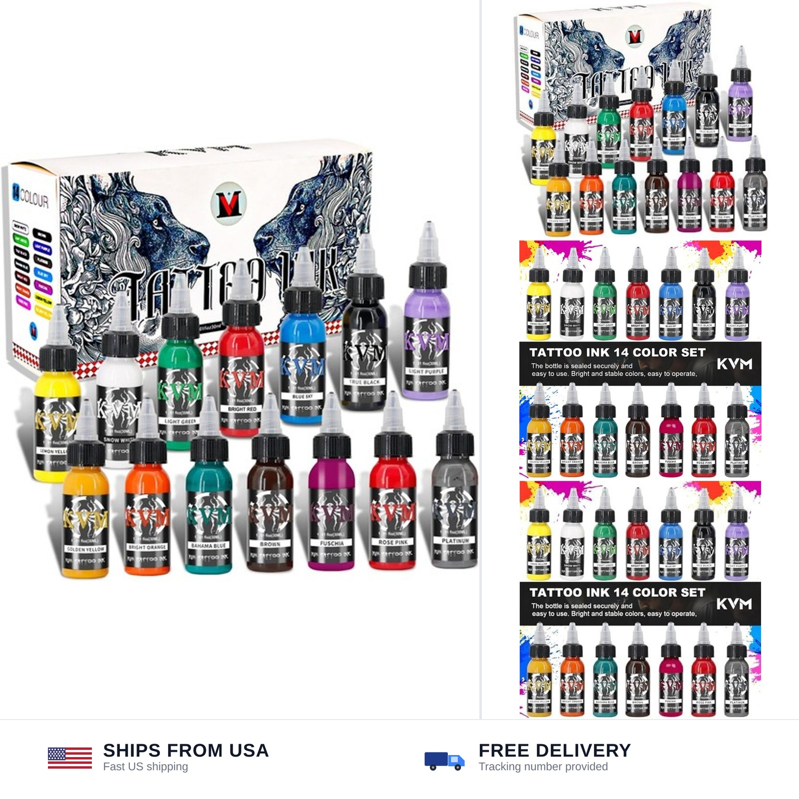 KVM Tattoo Ink Set 14 Pcs Colors 1oz (30ml) Tattoo Supply Indoor Tattoo Studi...