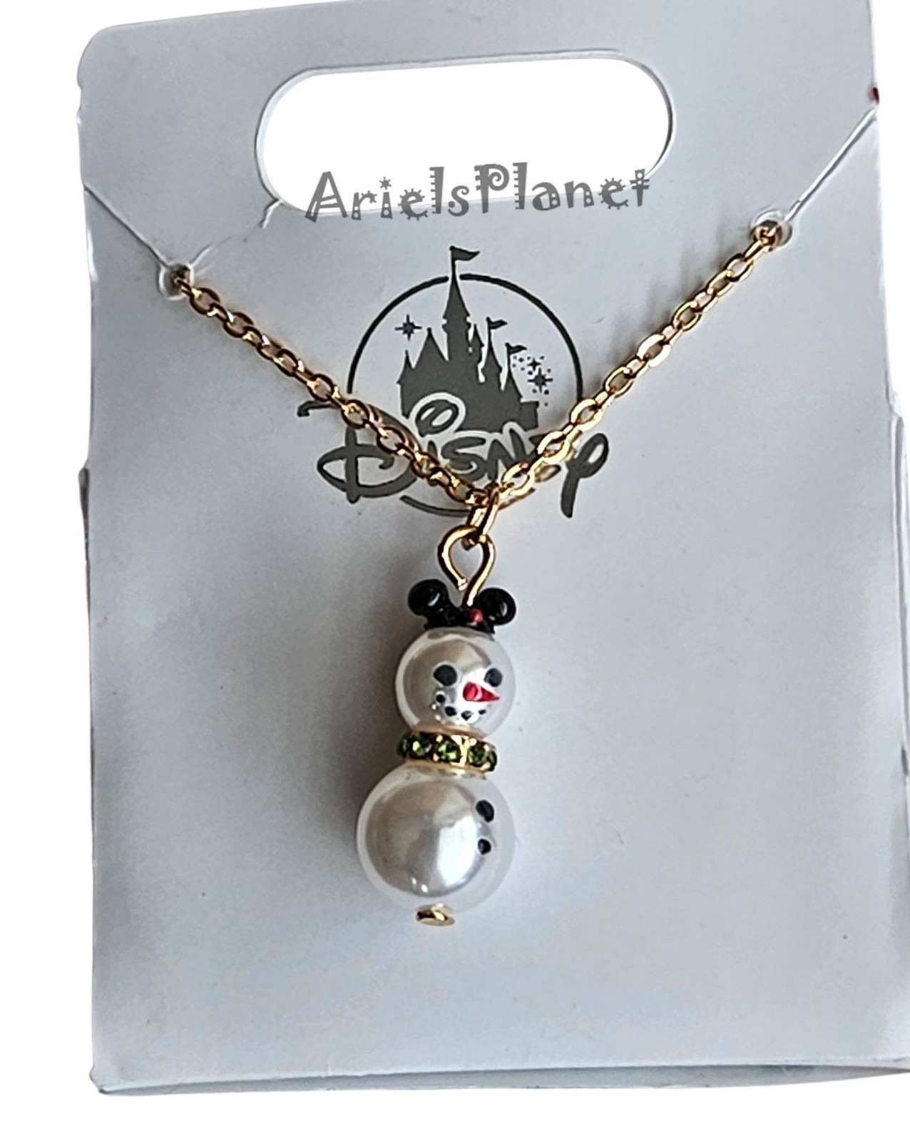 Disney Parks Mickey Mouse Ear Hat Snowman Pendant Gold Tone Necklace