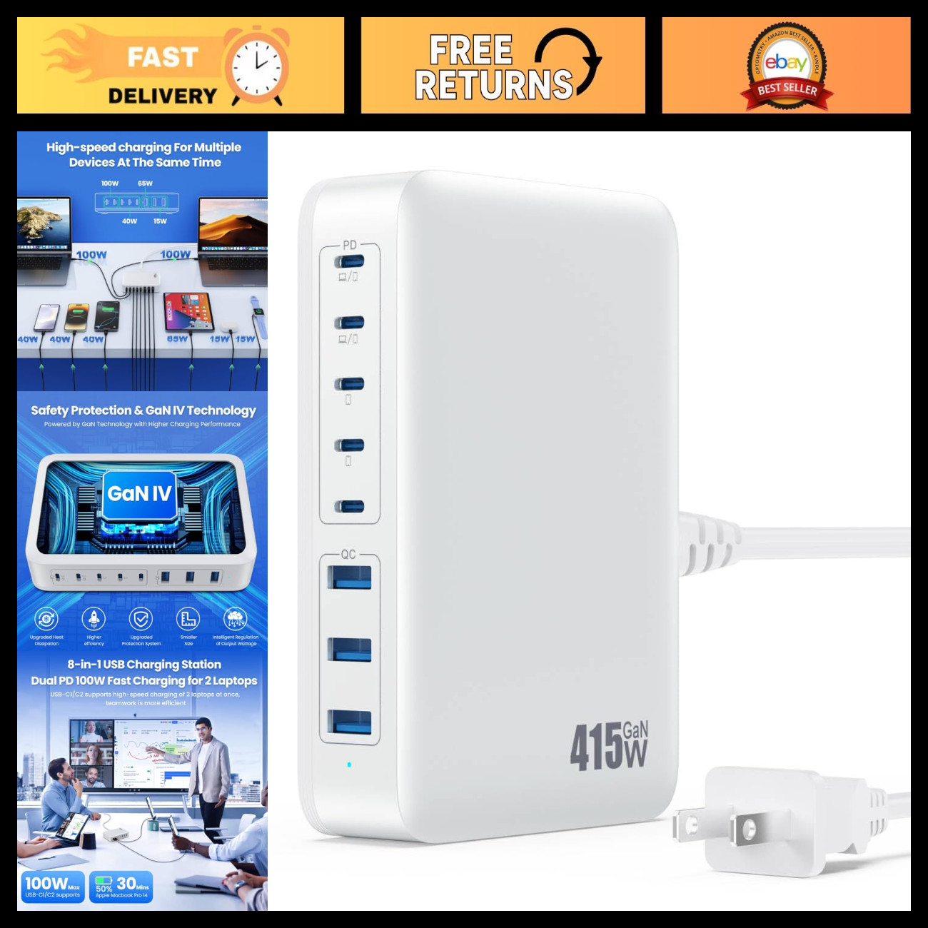 8-Port USB C Charger 415W GaN Fast Charging Station Hub, Dual PD 100W Adapter fo