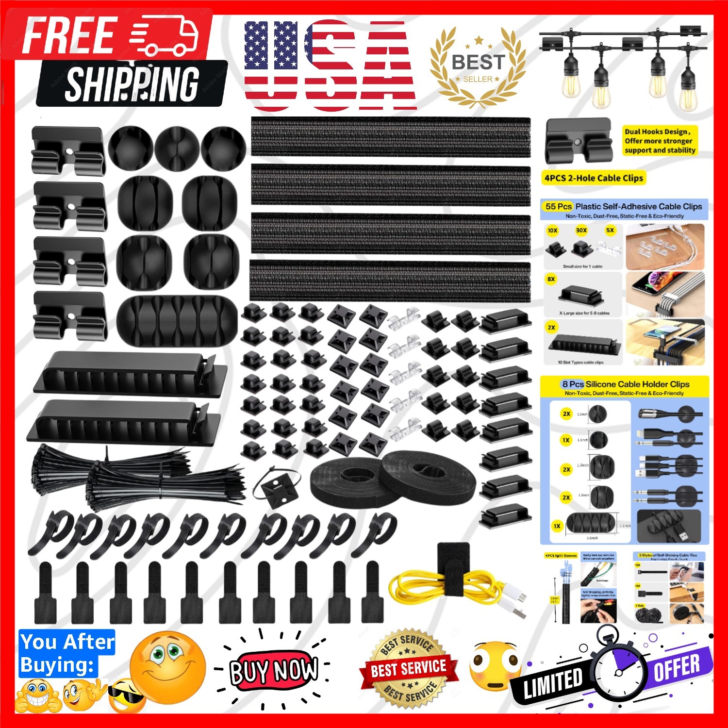 313Pcs] Cable Management Kit, 67 Adhesive Cable Clips, Desk Cord Organizer, 2...